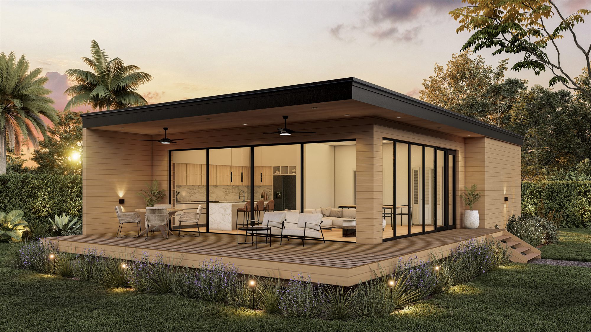 Araya Cabin in Frostproof, Florida: a compact wood-clad cabin with large glazed walls opening onto a covered deck