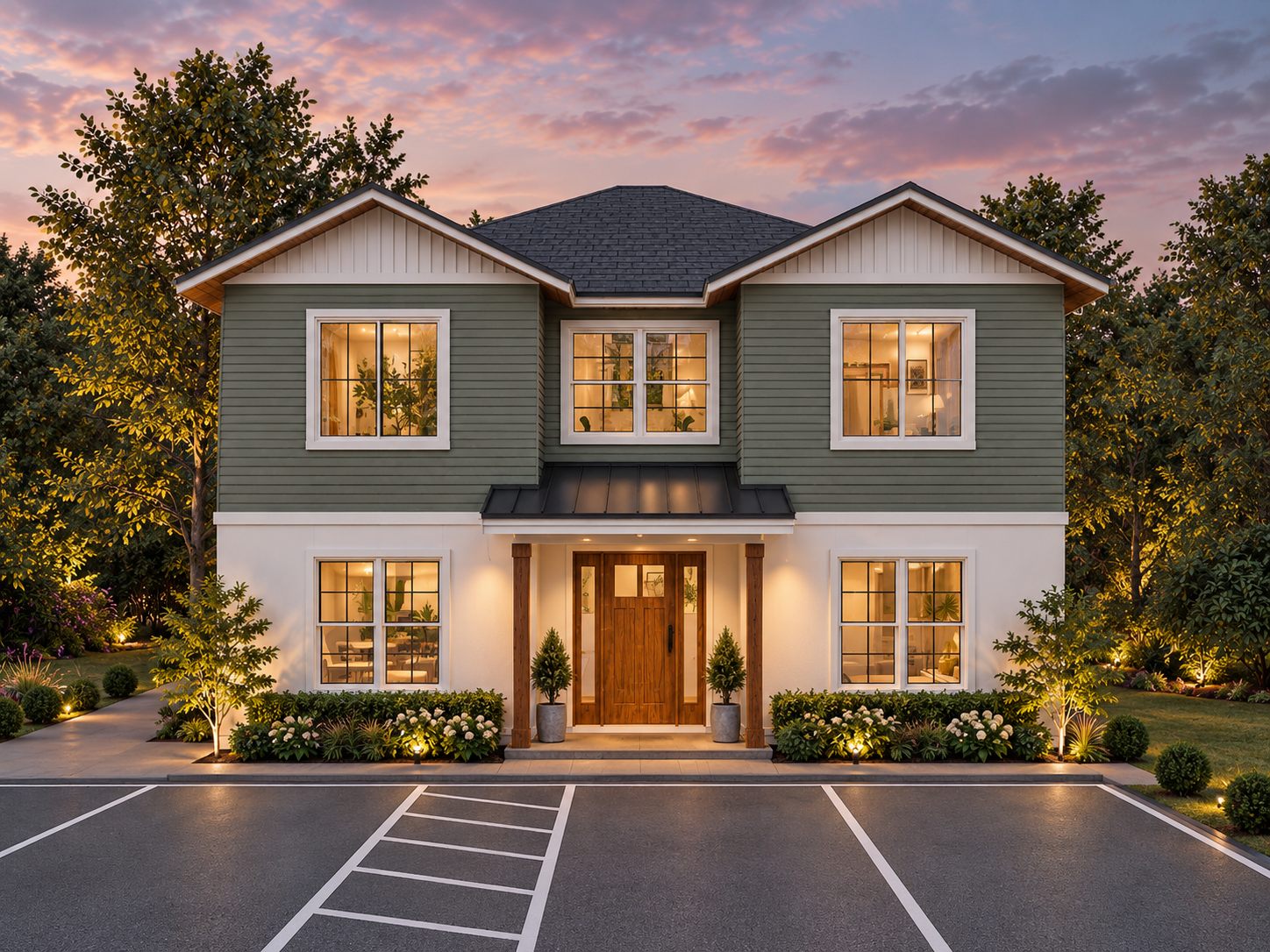 Avenue C: a two-story duplex with sage siding, white trim, and timber entry posts