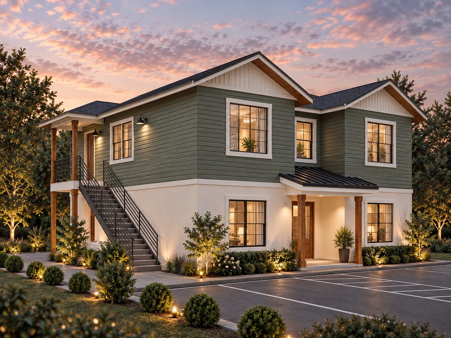 Side view of the new duplex showing the exterior stair and second-floor porch