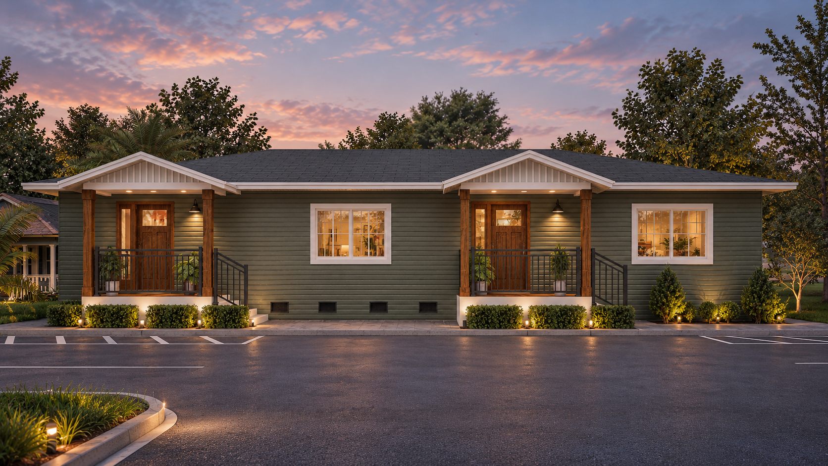 The converted building as a duplex, with two separate covered entries facing the parking court