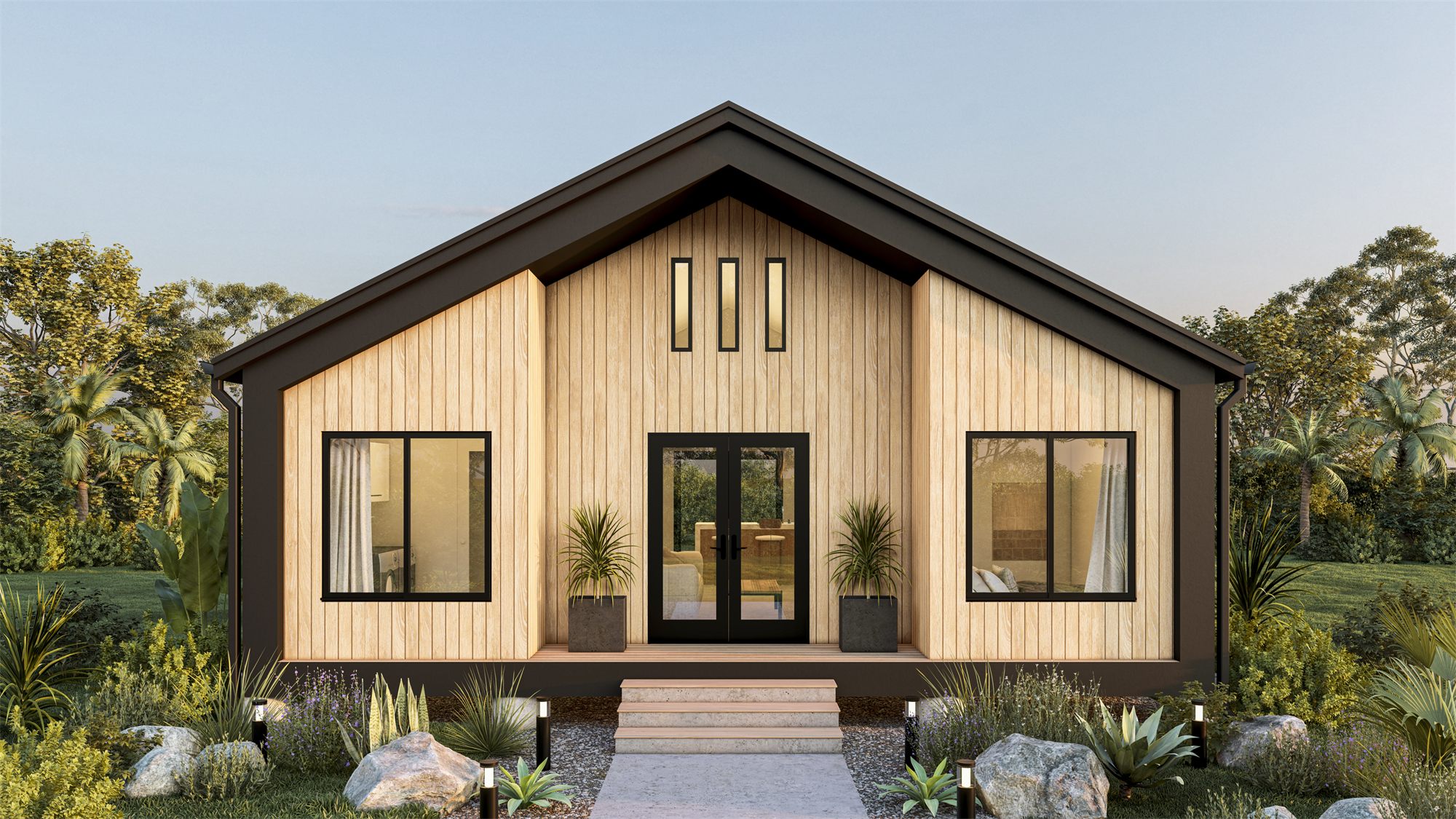 Banana River: a gabled home with vertical wood cladding and dark trim