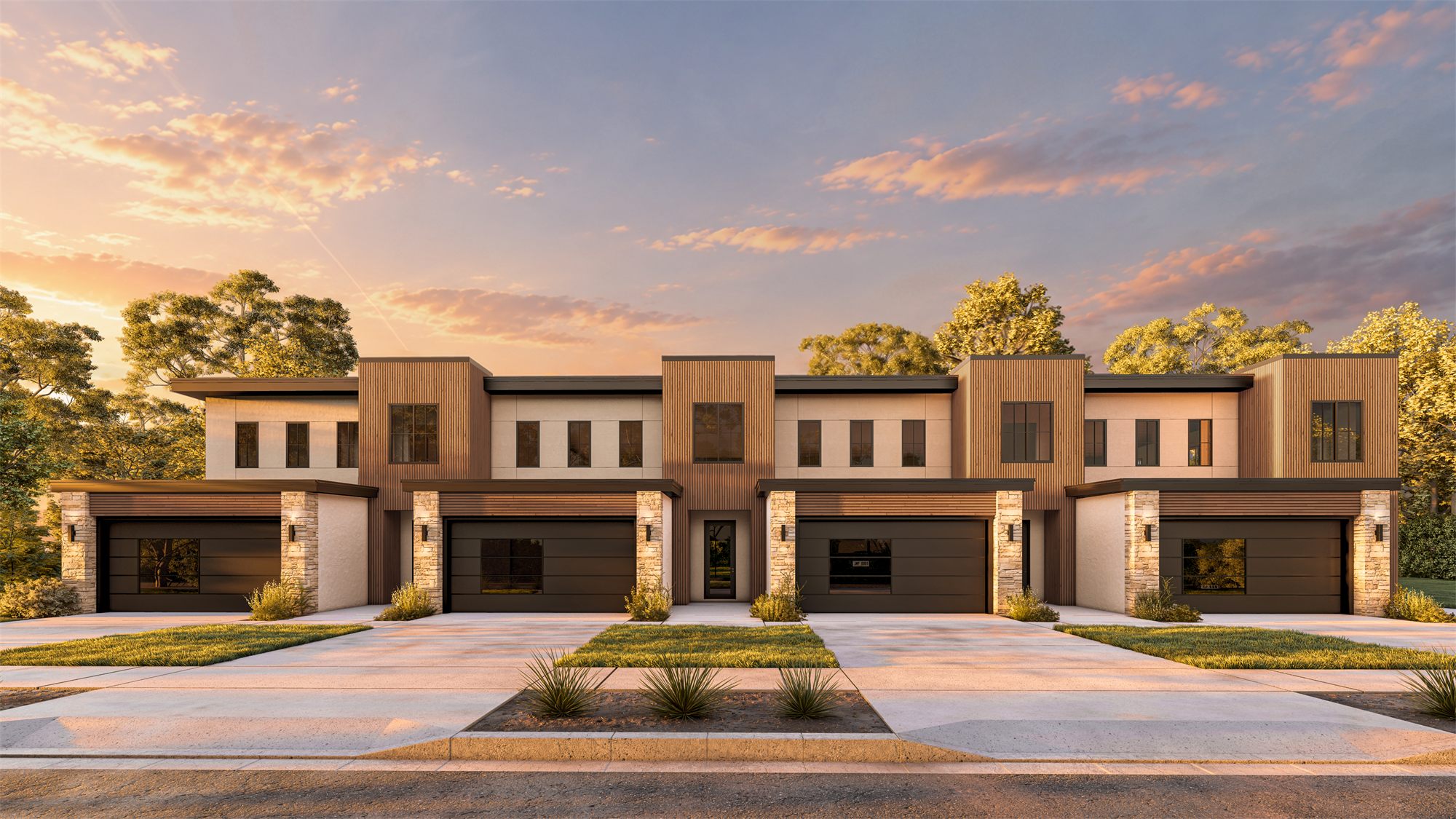 Davenport Townhouses: two-story townhouses with wood-clad volumes and stone accents