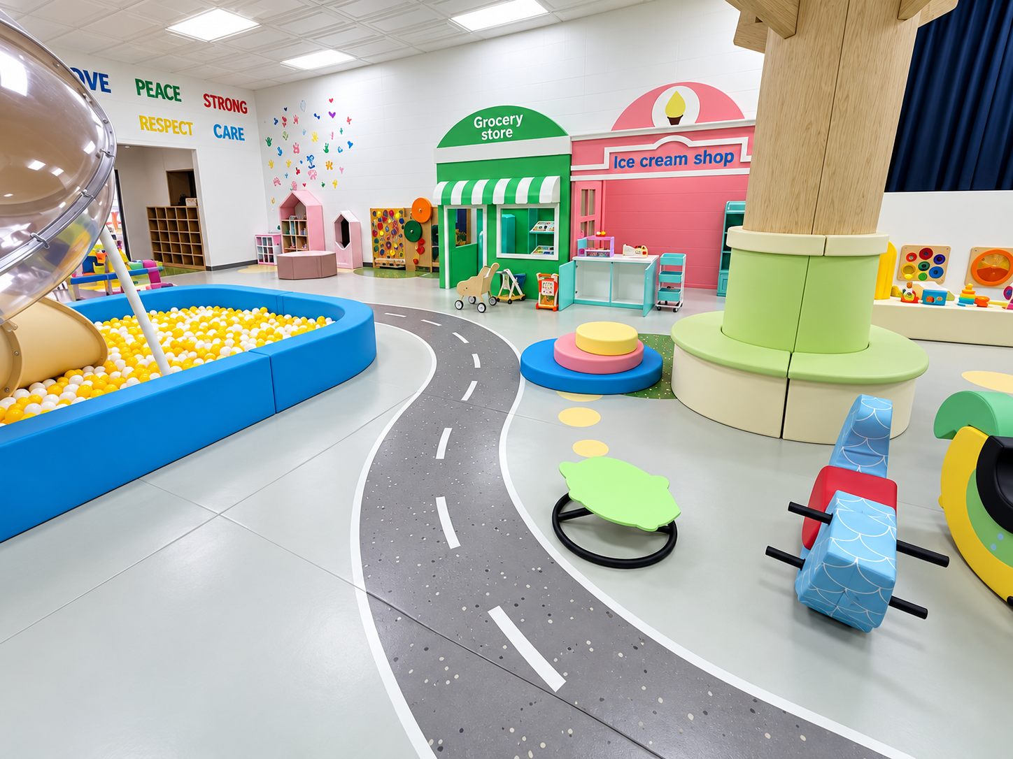 Play area with miniature grocery and ice cream storefronts around a ball pit