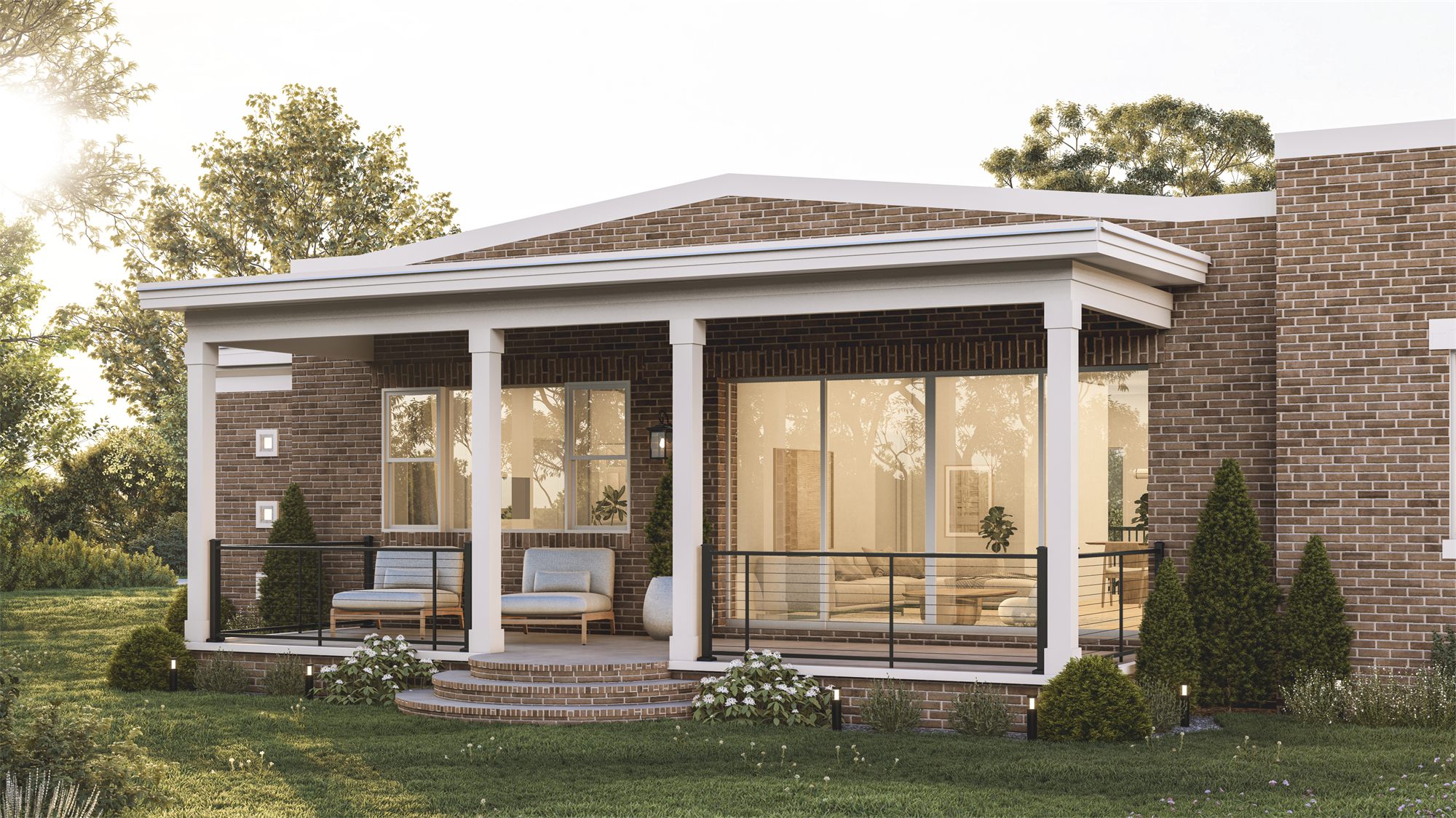 Close view of the new covered porch with white columns, dark railing, and large sliding doors