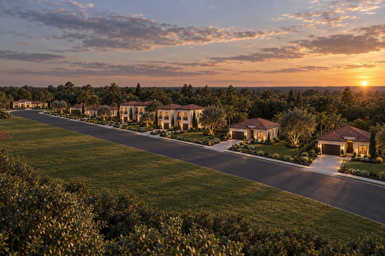Horry County: homes set along a new street at sunset