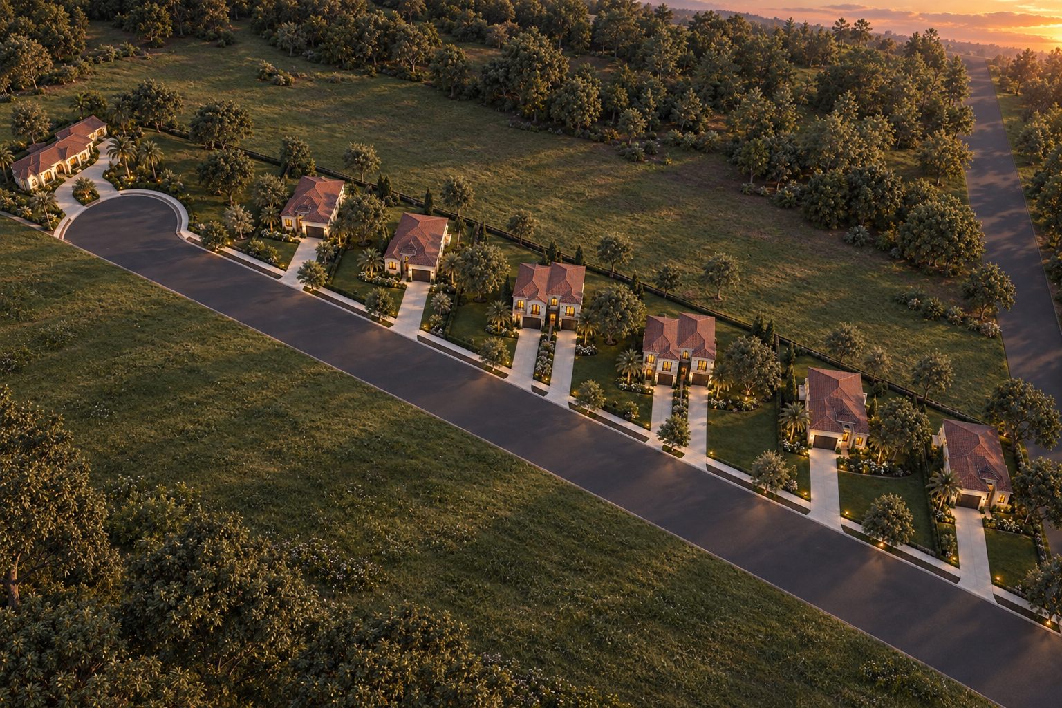 Aerial view of the Horry County Residential Development: homes stepping along a road through the wooded property