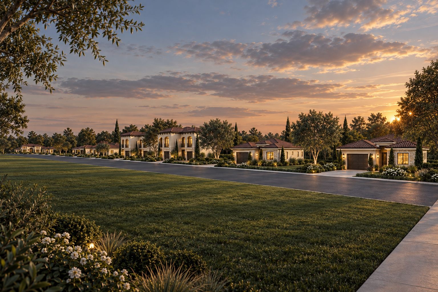 Long view along the street with homes set behind lawns
