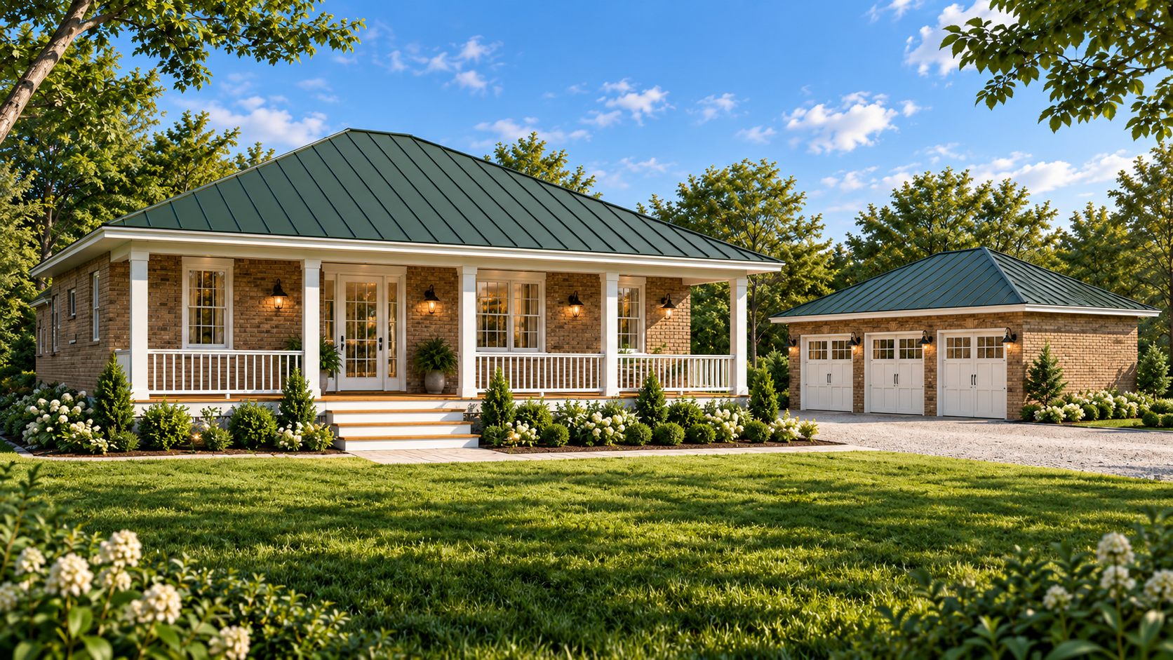 Miller Residence: a brick home with a green hip roof, deep front porch, and detached garage