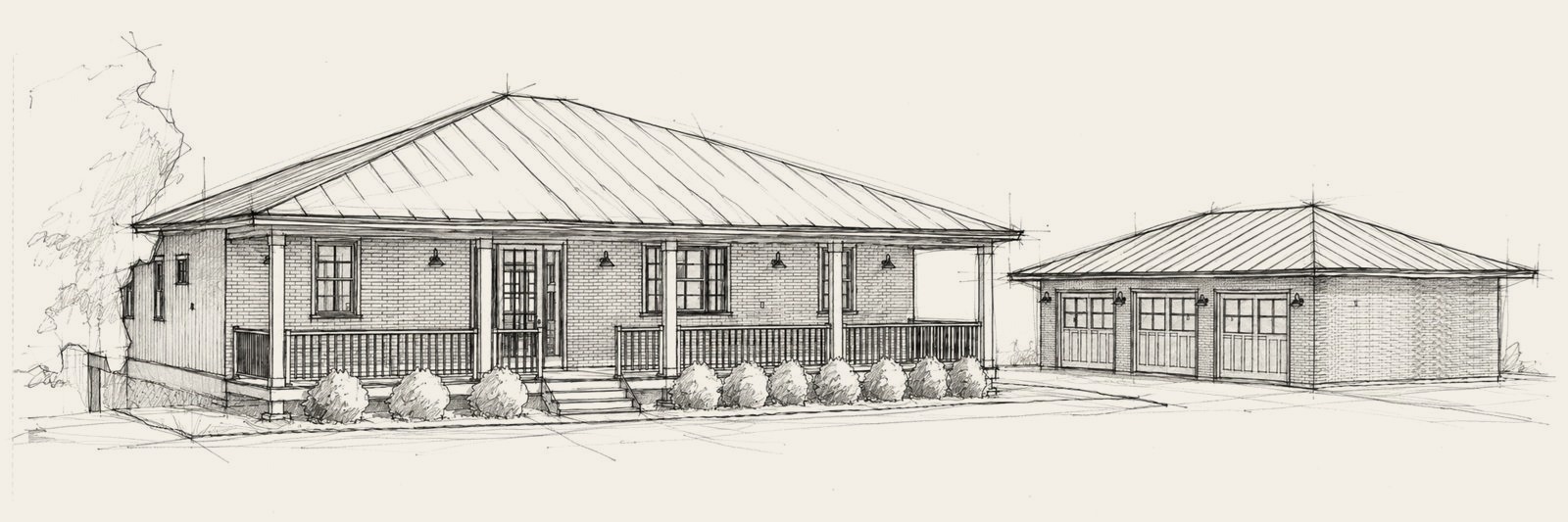 Early hand sketch of the Miller Residence and detached garage