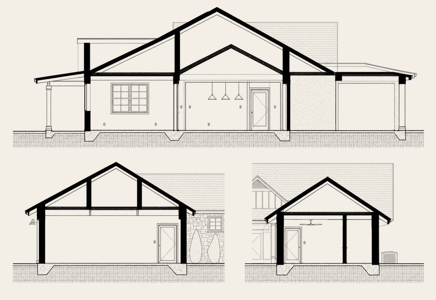 Building section drawings showing roof framing and wall construction