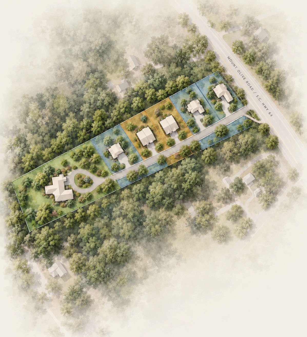 Conceptual site plan of homes on a wooded property