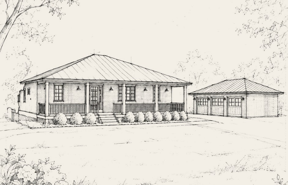 Hand sketch of a one-story home with a front porch and a detached garage