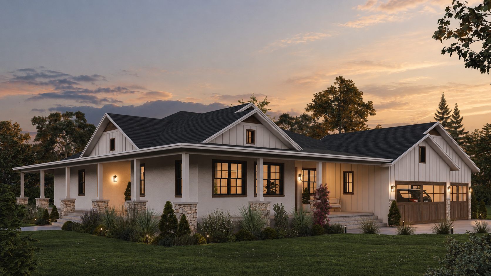 Thomas Residence: a white farmhouse with a wraparound porch at dusk
