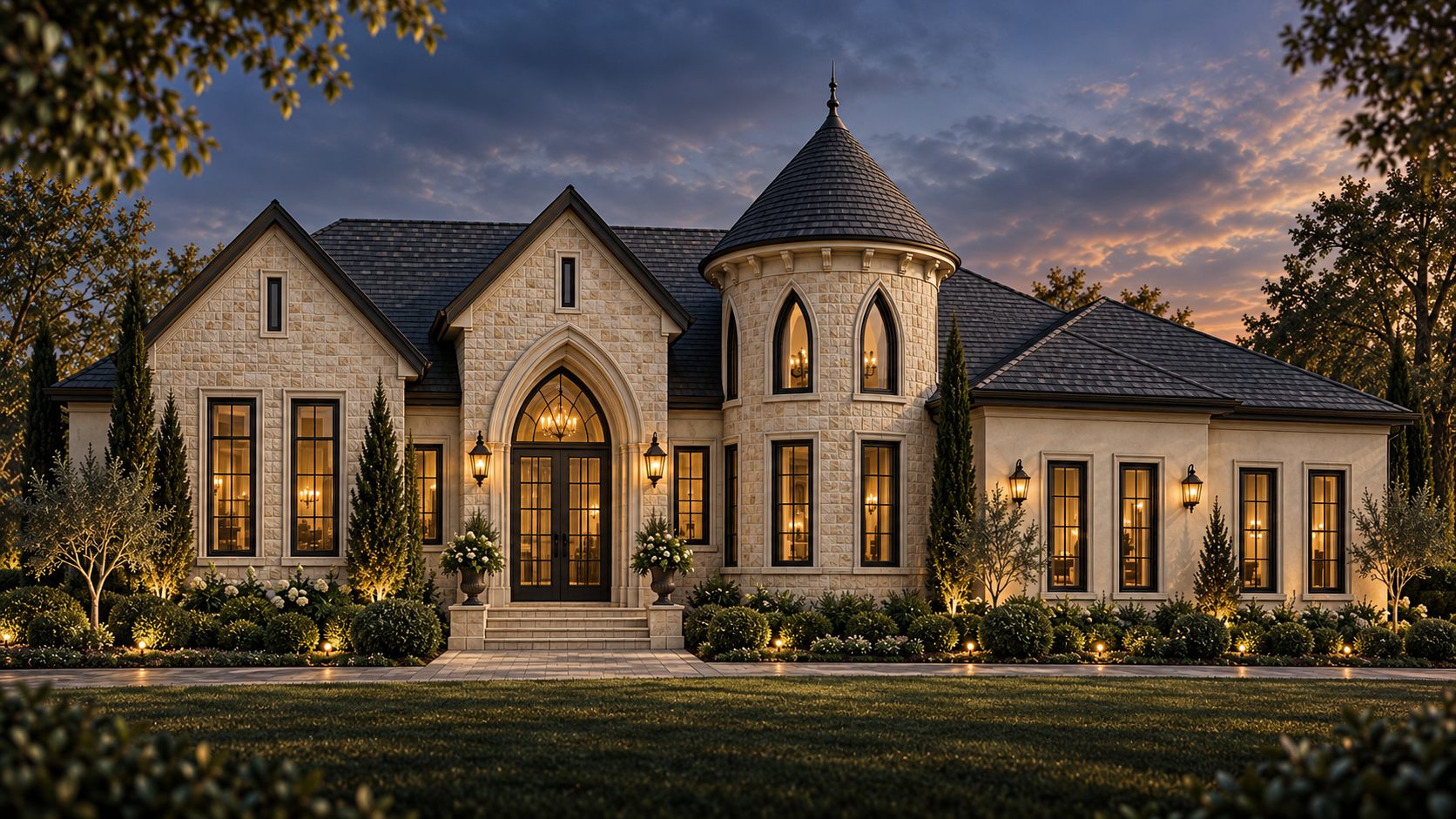 Zaman Residence at dusk: a stone custom home with steep roofs, arched windows, and a round turret