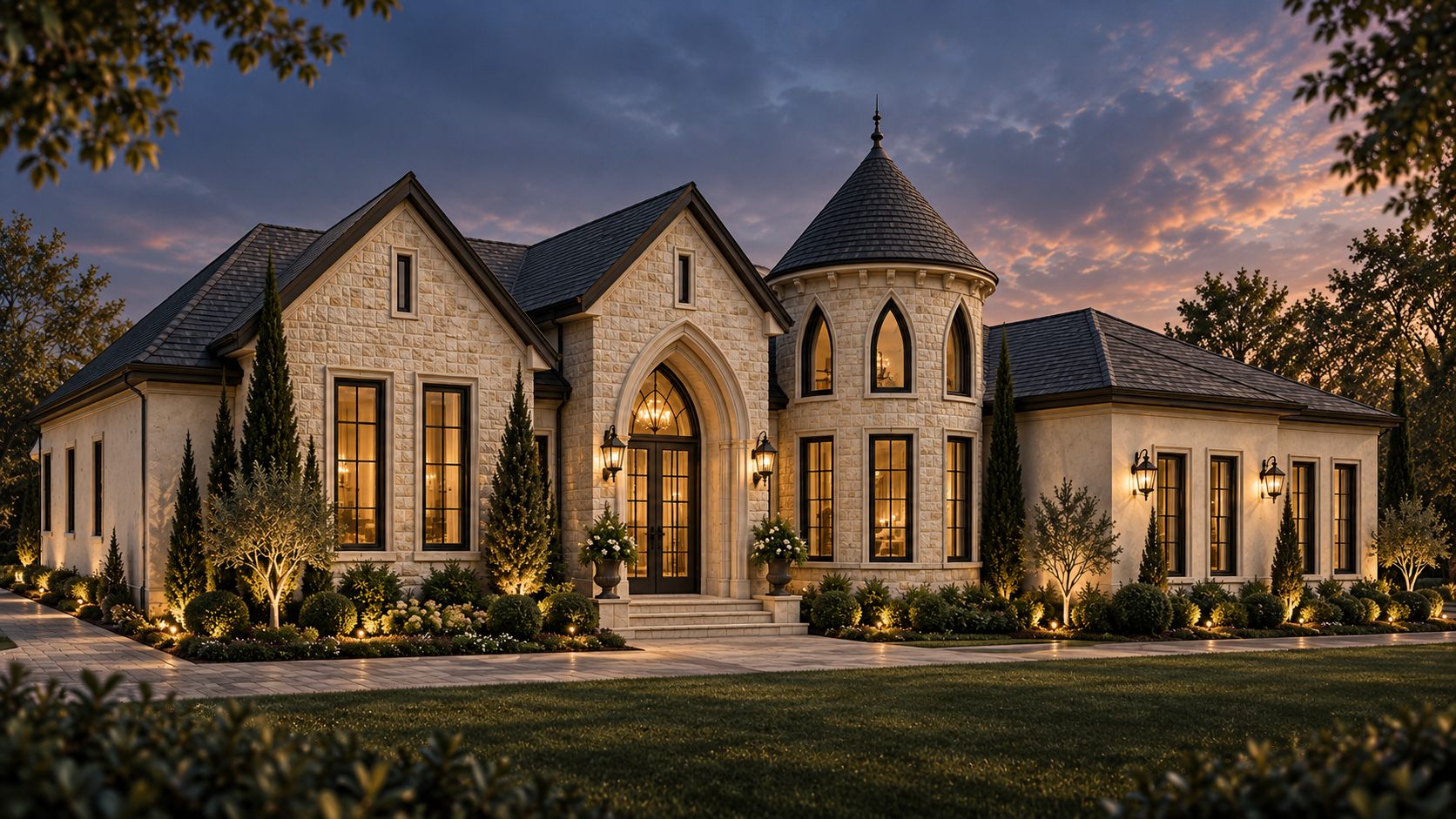 Three-quarter view of the Zaman Residence showing the turret, arched windows, trim, and side wings